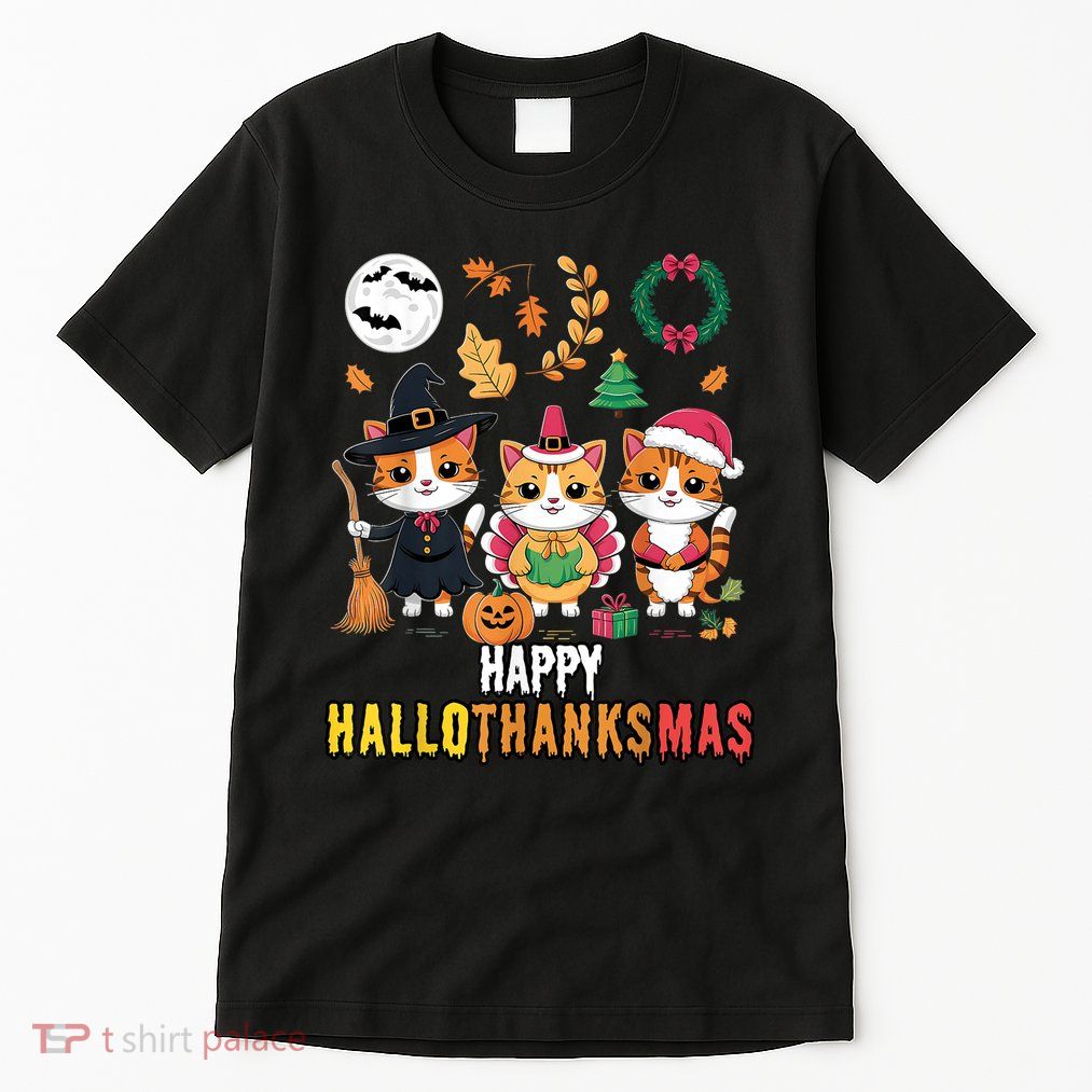 Happy Hallothanksmas Thanksgiving Halloween Cat Christmas Tall T-Shirt