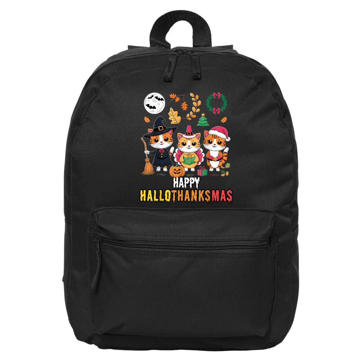 Happy Hallothanksmas Thanksgiving Halloween Cat Christmas 16 in Basic Backpack