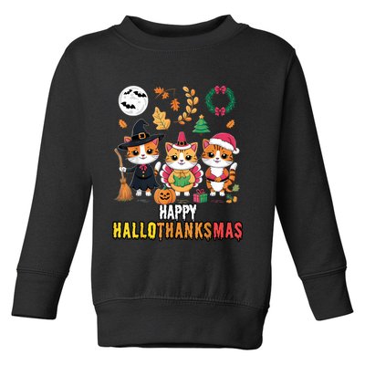Happy Hallothanksmas Thanksgiving Halloween Cat Christmas Toddler Sweatshirt