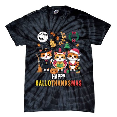Happy Hallothanksmas Thanksgiving Halloween Cat Christmas Tie-Dye T-Shirt