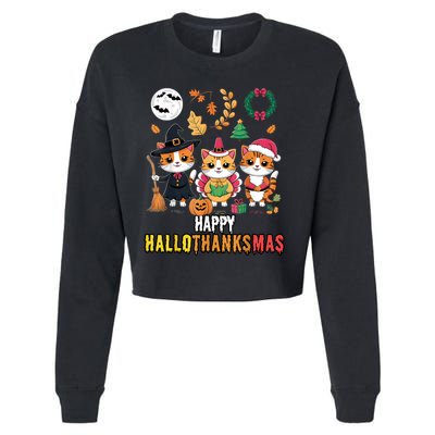 Happy Hallothanksmas Thanksgiving Halloween Cat Christmas Cropped Pullover Crew