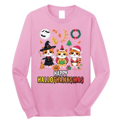 Happy Hallothanksmas Thanksgiving Halloween Cat Christmas Long Sleeve Shirt