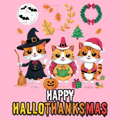 Happy Hallothanksmas Thanksgiving Halloween Cat Christmas T-Shirt