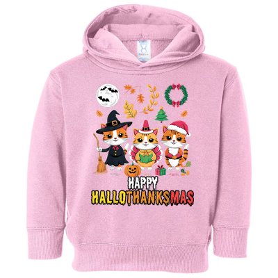 Happy Hallothanksmas Thanksgiving Halloween Cat Christmas Toddler Hoodie