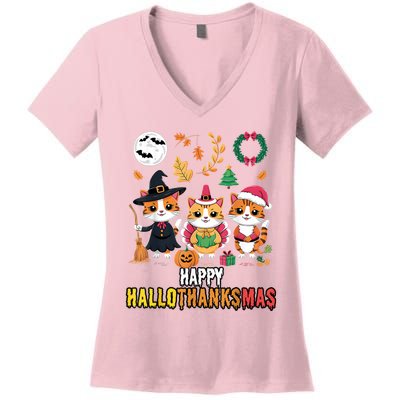 Happy Hallothanksmas Thanksgiving Halloween Cat Christmas Women's V-Neck T-Shirt