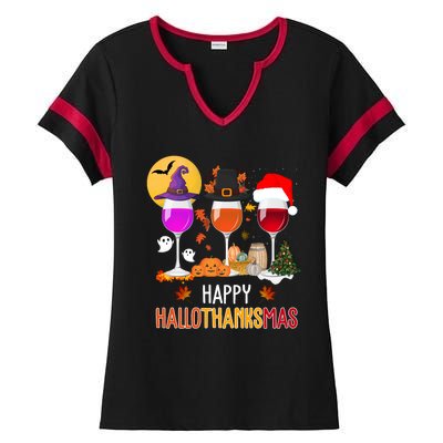 Happy Halloween Thanksgiving Christmas Wine Lover Gift Ladies Halftime Notch Neck Tee