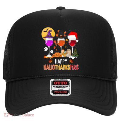 Happy Halloween Thanksgiving Christmas Wine Lover Gift High Crown Mesh Back Trucker Hat