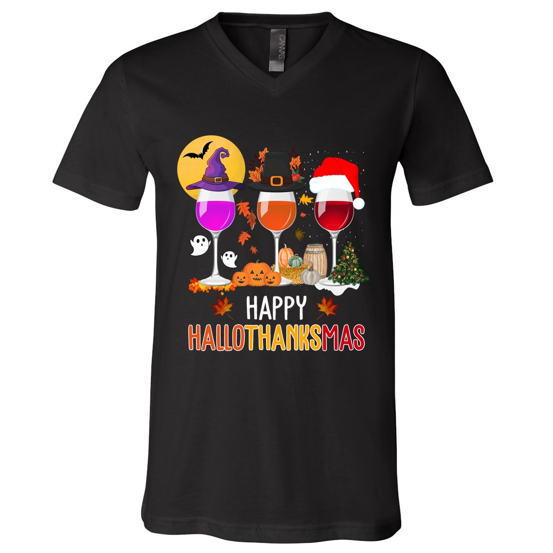 Happy Halloween Thanksgiving Christmas Wine Lover Gift V-Neck T-Shirt