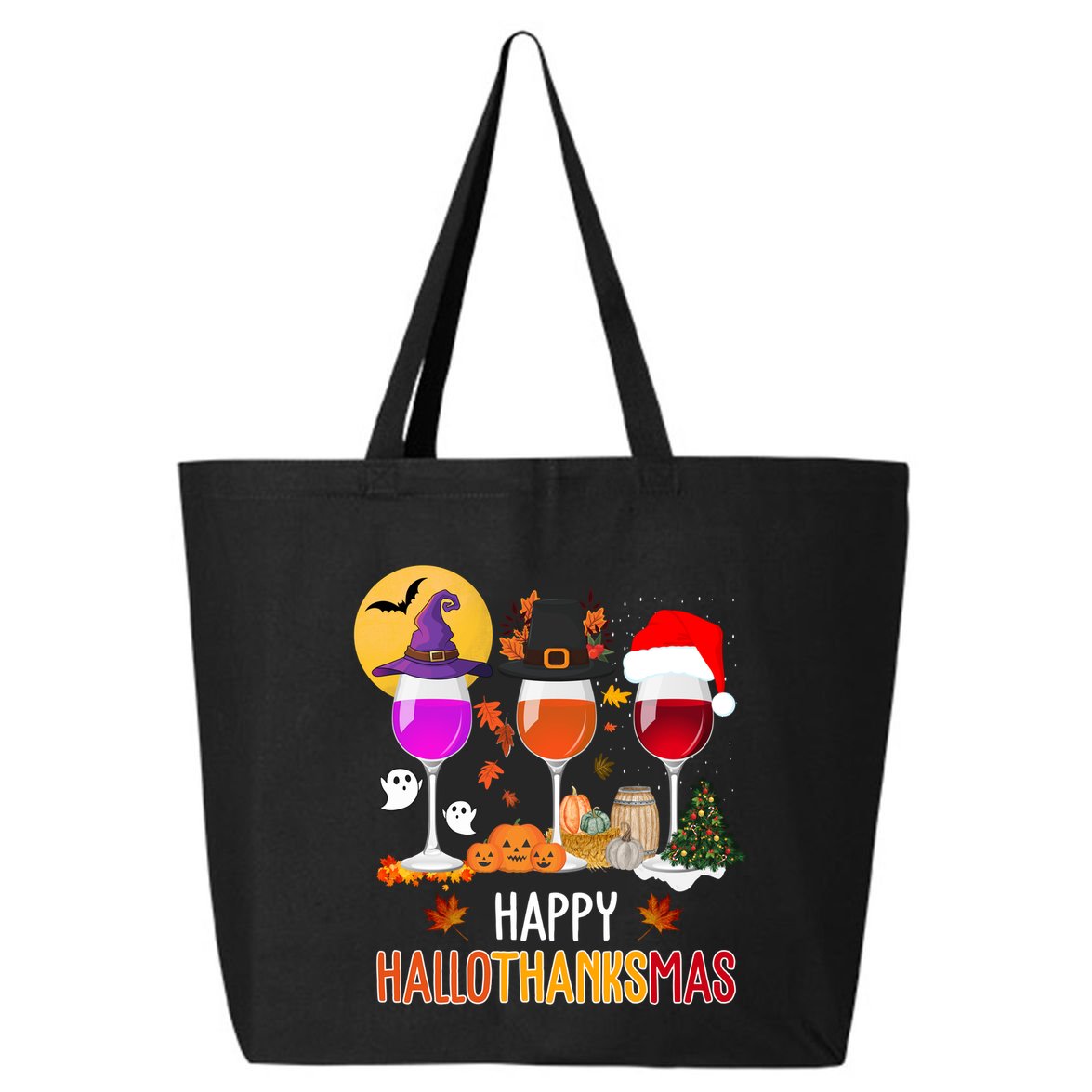 Happy Halloween Thanksgiving Christmas Wine Lover Gift 25L Jumbo Tote