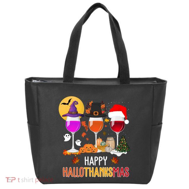 Happy Halloween Thanksgiving Christmas Wine Lover Gift Zip Tote Bag