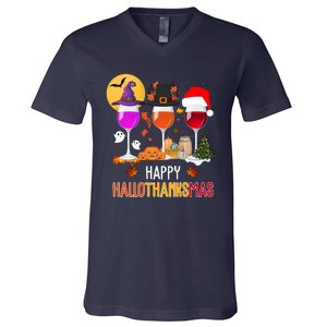 Happy Halloween Thanksgiving Christmas Wine Lover Gift V-Neck T-Shirt