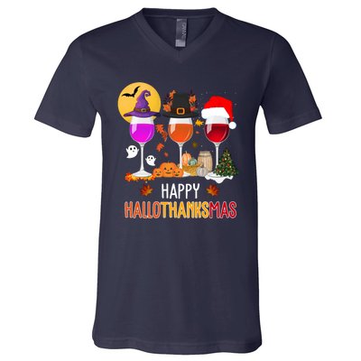 Happy Halloween Thanksgiving Christmas Wine Lover Gift V-Neck T-Shirt