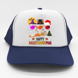 Happy Halloween Thanksgiving Christmas Wine Lover Gift Trucker Hat