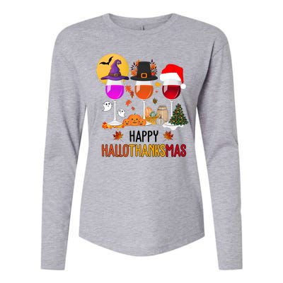 Happy Halloween Thanksgiving Christmas Wine Lover Gift Womens Cotton Relaxed Long Sleeve T-Shirt