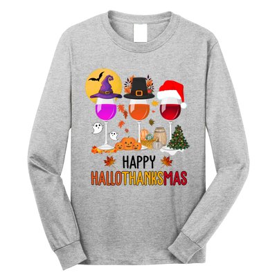 Happy Halloween Thanksgiving Christmas Wine Lover Gift Long Sleeve Shirt