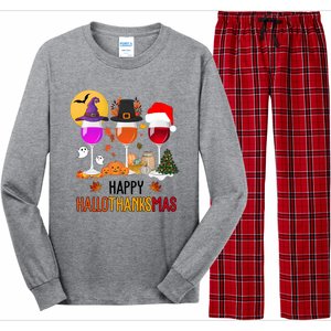 Happy Halloween Thanksgiving Christmas Wine Lover Gift Long Sleeve Pajama Set