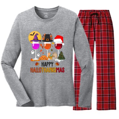 Happy Halloween Thanksgiving Christmas Wine Lover Gift Women's Long Sleeve Flannel Pajama Set 