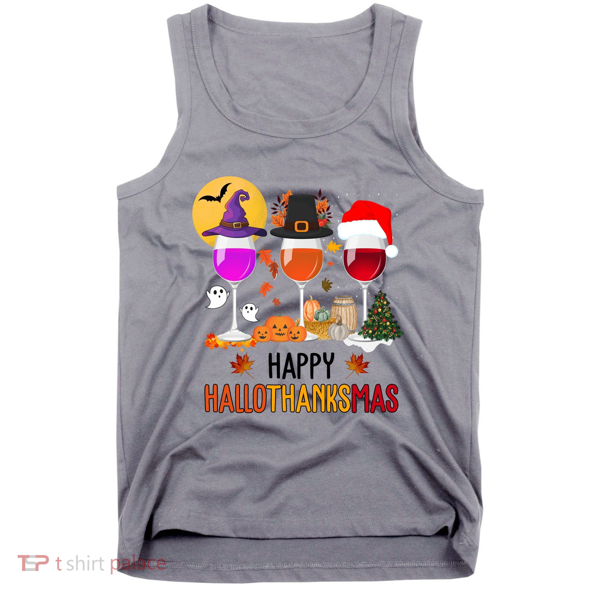 Happy Halloween Thanksgiving Christmas Wine Lover Gift Tank Top