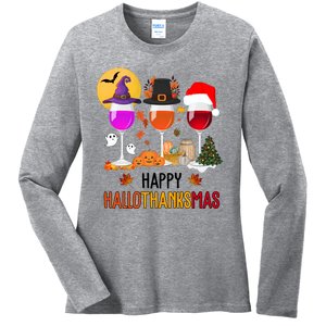 Happy Halloween Thanksgiving Christmas Wine Lover Gift Ladies Long Sleeve Shirt