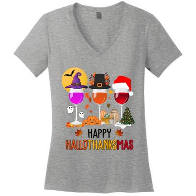 Happy Halloween Thanksgiving Christmas Wine Lover Gift Women's V-Neck T-Shirt