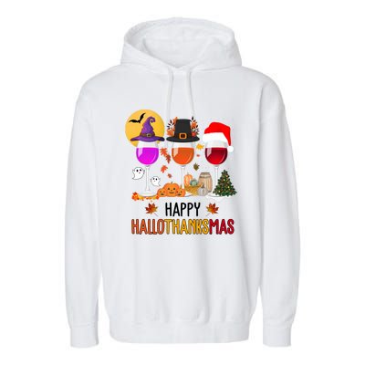 Happy Halloween Thanksgiving Christmas Wine Lover Gift Garment-Dyed Fleece Hoodie