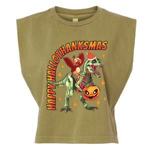 Happy Hallothanksmas Trex Halloween Thanksgiving Christmas Garment-Dyed Women's Muscle Tee