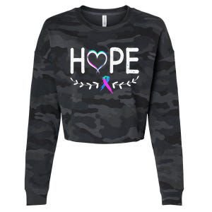 Hope Heart Teal Pink Purple Ribbon Thyroid Cancer Cropped Pullover Crew