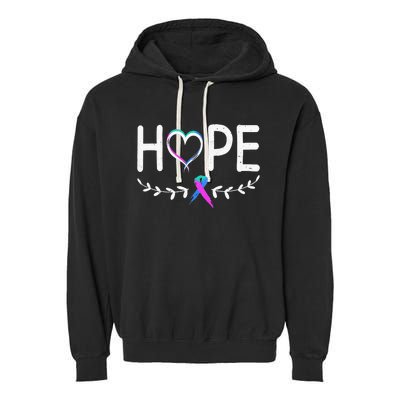 Hope Heart Teal Pink Purple Ribbon Thyroid Cancer Garment-Dyed Fleece Hoodie