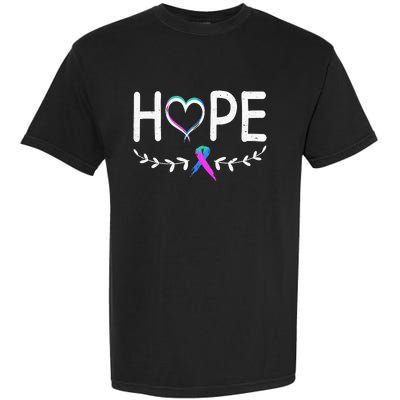 Hope Heart Teal Pink Purple Ribbon Thyroid Cancer Garment-Dyed Heavyweight T-Shirt