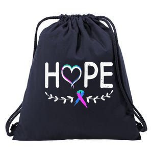 Hope Heart Teal Pink Purple Ribbon Thyroid Cancer Drawstring Bag