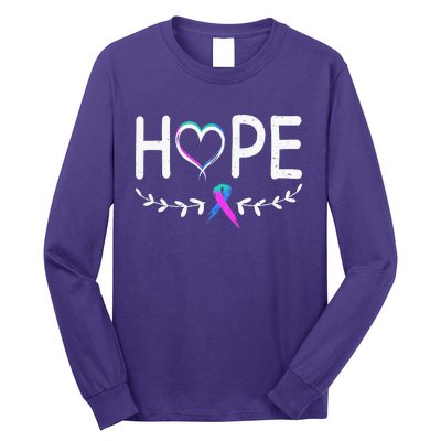 Hope Heart Teal Pink Purple Ribbon Thyroid Cancer Long Sleeve Shirt