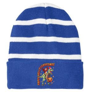 Happy HalloThanksMas Trex Halloween Thanksgiving Christmas Striped Beanie with Solid Band