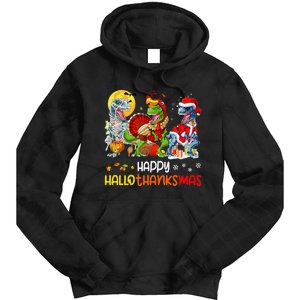 Happy Hallothanksmas Thanksgiving Dinosaur T Rex Turkey Tie Dye Hoodie