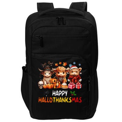 Happy Halloween Thanksgiving Christmas Highland Cow Holiday Impact Tech Backpack