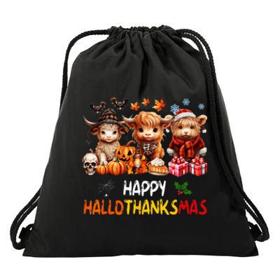 Happy Halloween Thanksgiving Christmas Highland Cow Holiday Drawstring Bag