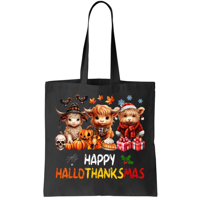 Happy Halloween Thanksgiving Christmas Highland Cow Holiday Tote Bag