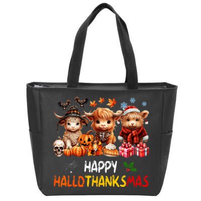 Happy Halloween Thanksgiving Christmas Highland Cow Holiday Zip Tote Bag