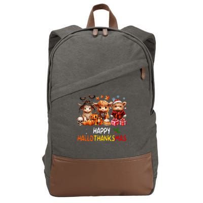 Happy Halloween Thanksgiving Christmas Highland Cow Holiday Cotton Canvas Backpack