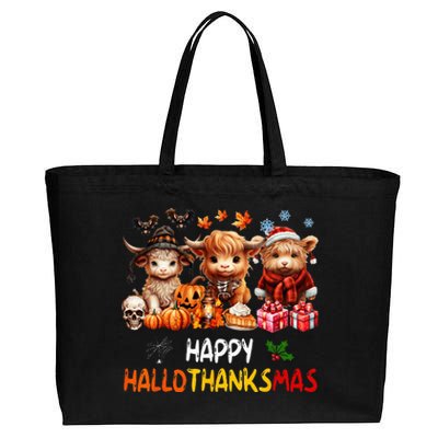 Happy Halloween Thanksgiving Christmas Highland Cow Holiday Cotton Canvas Jumbo Tote