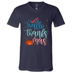 Happy Hallothanksmas Thanksgiving Halloween Xmas V-Neck T-Shirt