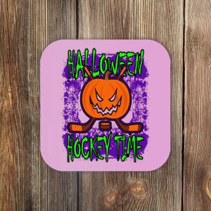 Halloween Hockey Time With Spooky Pumpkin And Hockey Sticks Coaster