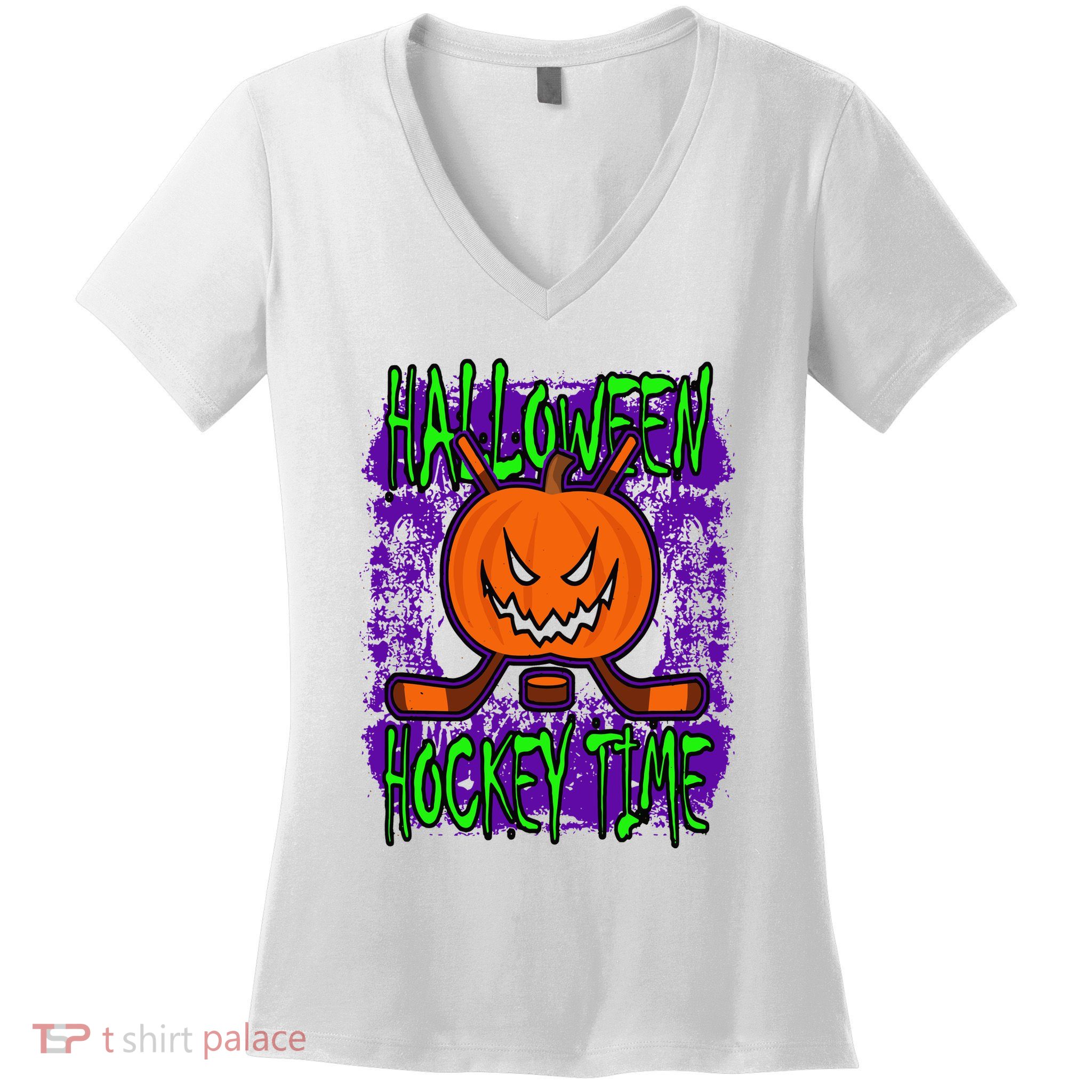 Halloween Hockey Time With Spooky Pumpkin And Hockey Sticks Women's V-Neck T-Shirt