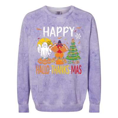 Hallothanksmas Halloween Thanksgiving Christmas Colorblast Crewneck Sweatshirt