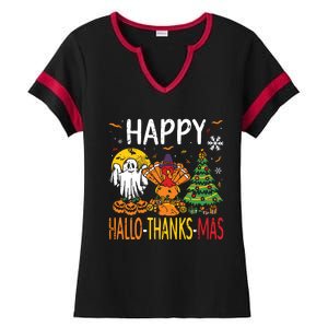 Hallothanksmas Halloween Thanksgiving Christmas Ladies Halftime Notch Neck Tee