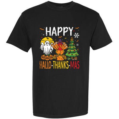 Hallothanksmas Halloween Thanksgiving Christmas Garment-Dyed Heavyweight T-Shirt