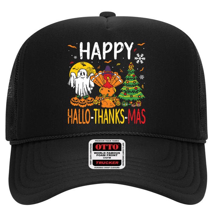 Hallothanksmas Halloween Thanksgiving Christmas High Crown Mesh Back Trucker Hat