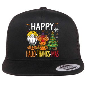 Hallothanksmas Halloween Thanksgiving Christmas Flat Bill Trucker Hat