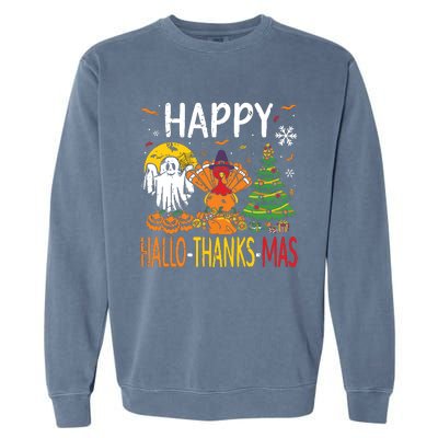 Hallothanksmas Halloween Thanksgiving Christmas Garment-Dyed Sweatshirt