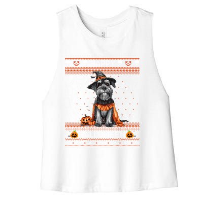 Happy Halloween Ugly Miniature Schnauzer Howloween Pumpkin Women's Racerback Cropped Tank