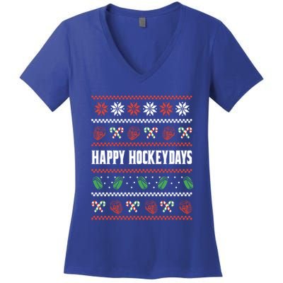 Happy Hockeydays Ugly Chrismas Ice Hockey Gift Women's V-Neck T-Shirt